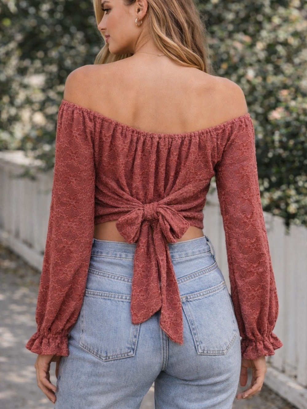 Beyond the Radar Off Shoulder Tie Front Floral Lace Crop Top Mauve Small - Picture 2 of 11